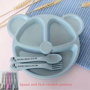 Kids 3 Piece Dinnerware Set Bear Head Design Blue**NEW
